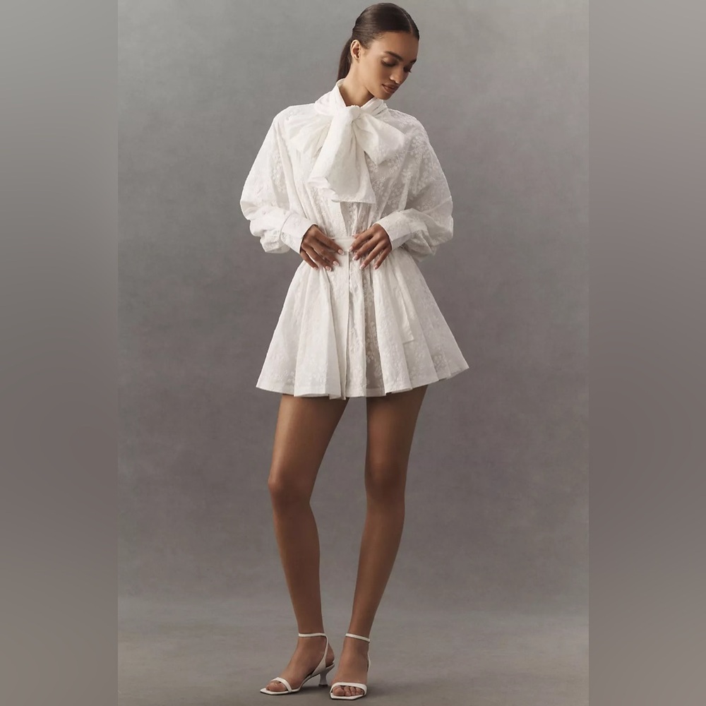 Norma Kamali Long-Sleeve Oversized Bow-Neck Mini Shirt Dress